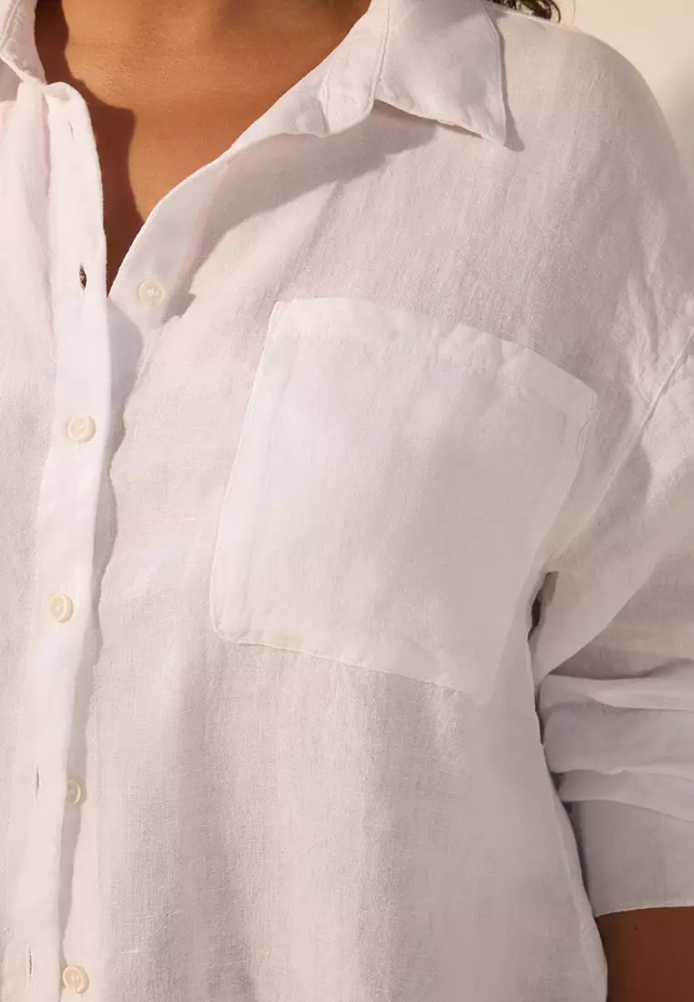 White 100% Linen Large Size Shirt Tbbss25Ax00021