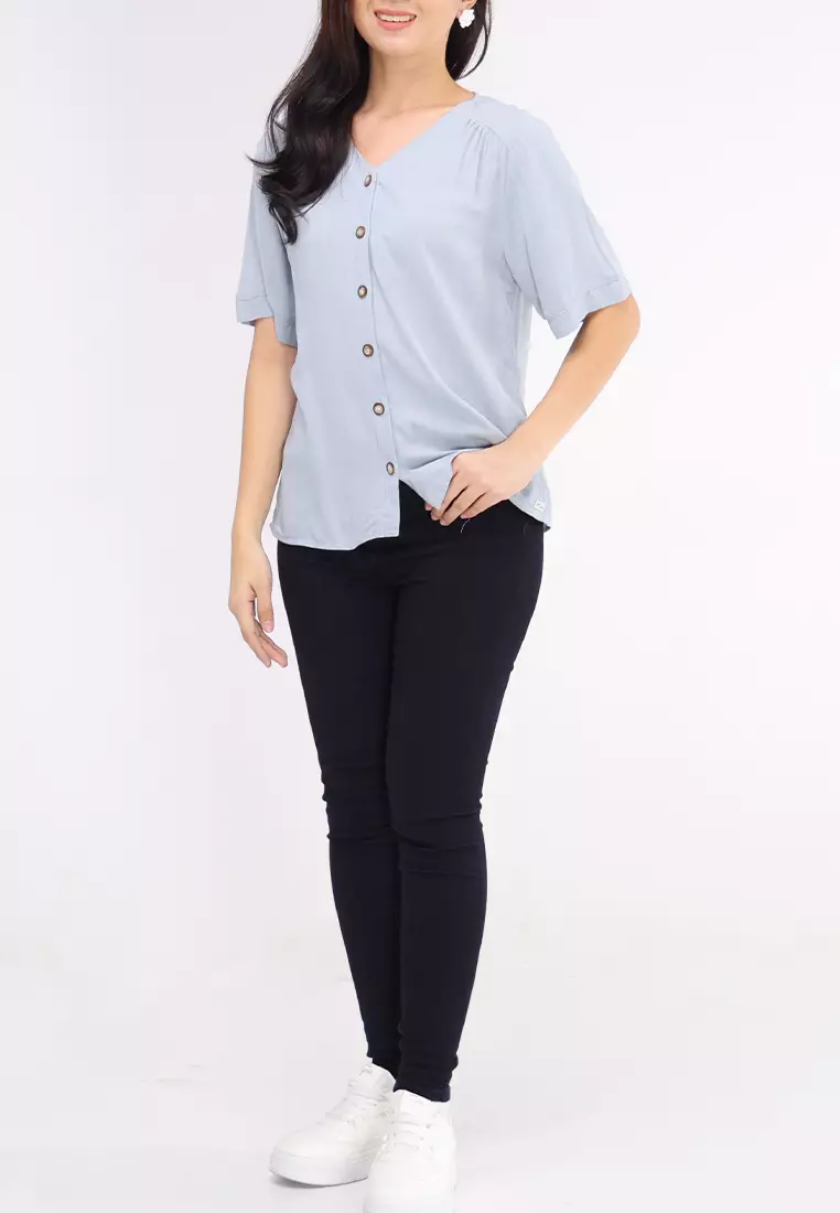 Woven Plain Soft Linen Short Sleeve Blouse