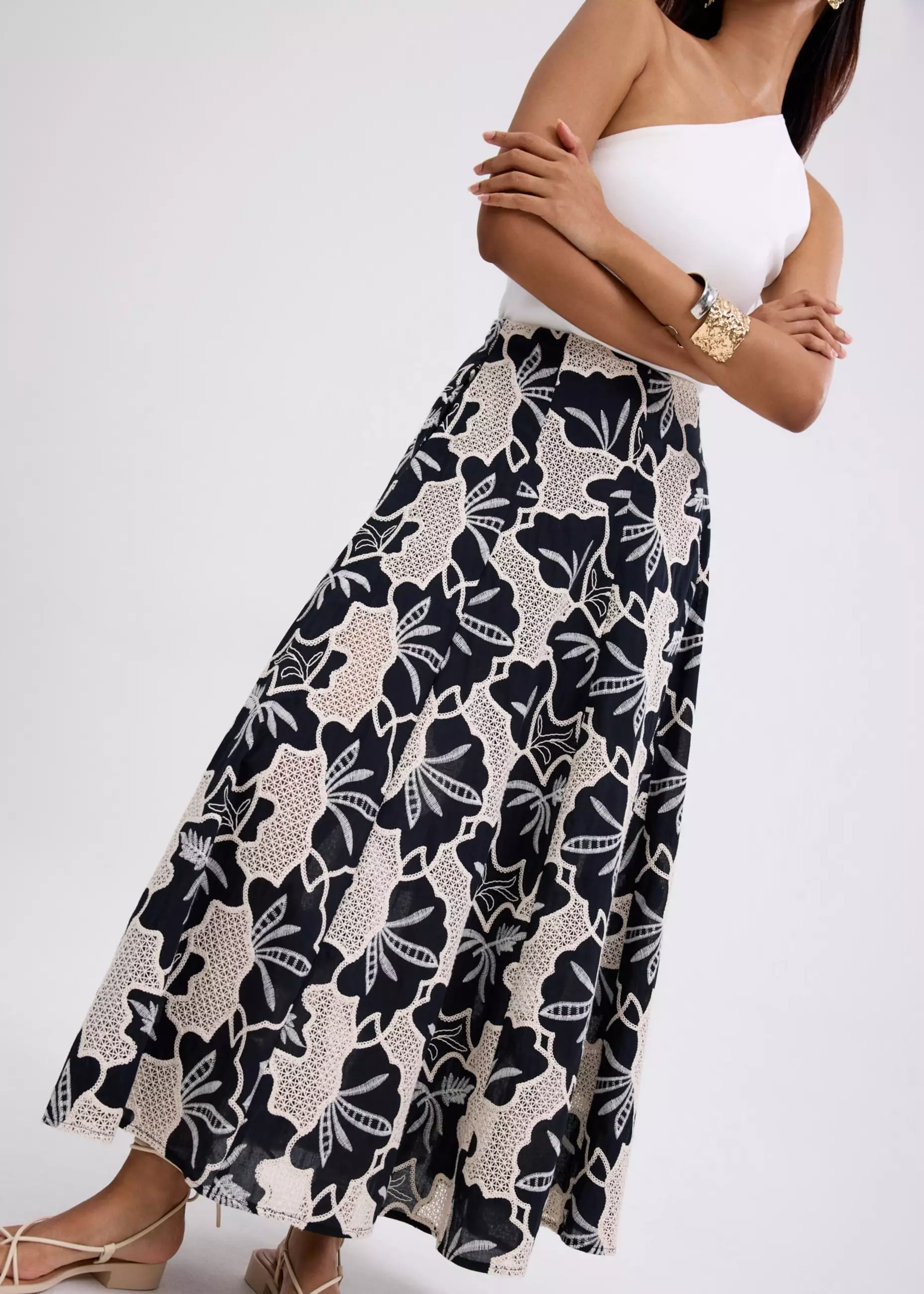 Rok Wanita - High Waist Flare Maxi Skirt in Midnight Blooms Broderie