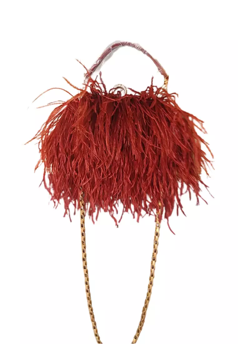 Ostrich Feather Ring Buckle Chain Crossbody Shoulder Small Square Bag