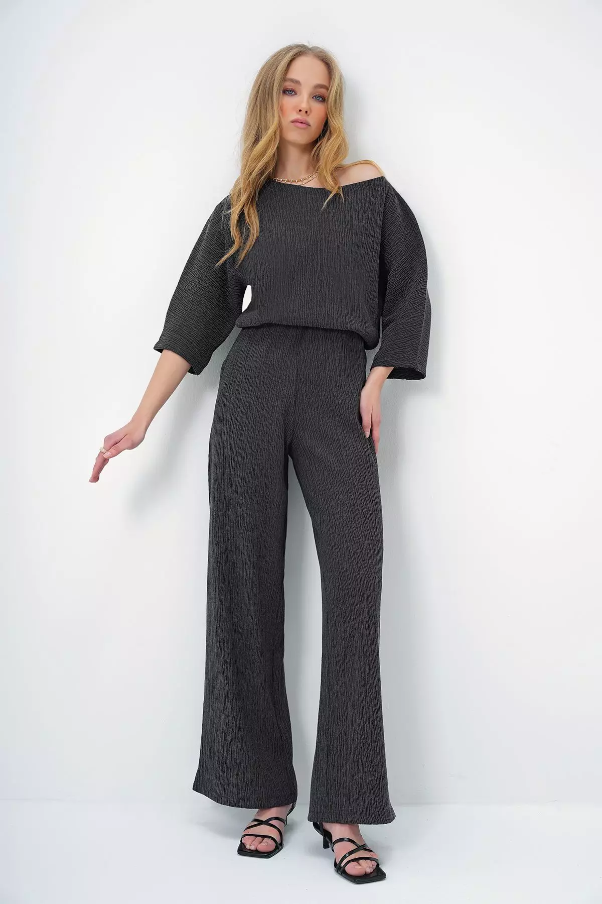 Women's Anthracite Boat Neck Bat Sleeve Casual Blouse and Palazzo Trousers Crepe Set