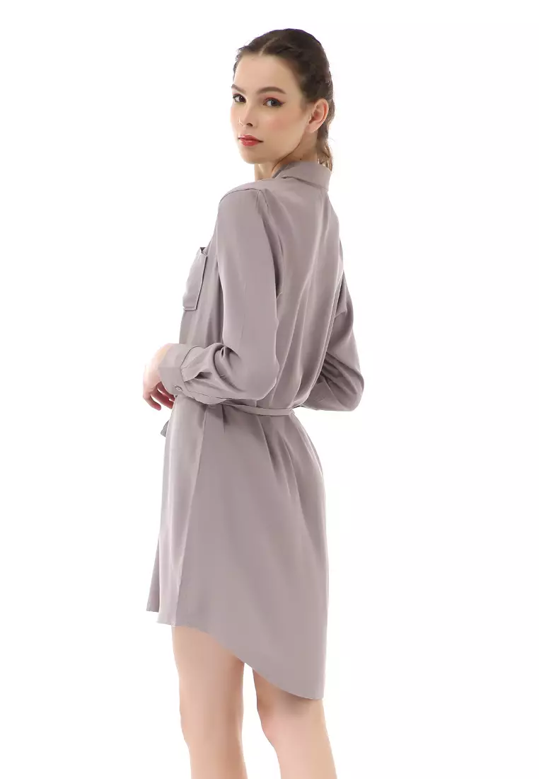 Rachel Dress Wanita Model Kemeja Full Kancing Long Sleeve Material Twill Rayon ORIGINAL - Gray