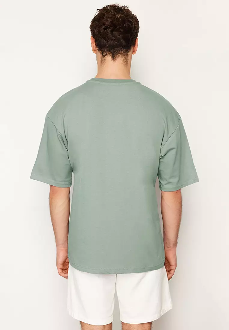 Dark Mint Oversize 100% Cotton Crew Neck Minimal Text Printed Tok Fabric T-Shirt Tmnss23Ts00084