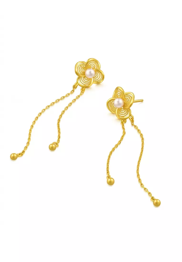 Chinese Wedding 24K Sold Gold Four Clover Leaf Drop Earrings 95619E