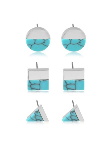 Kings Collection silver Square Semicircle Triangle Turquoise Earrings (KJEA20067) 1F73AAC6D66C99GS_1
