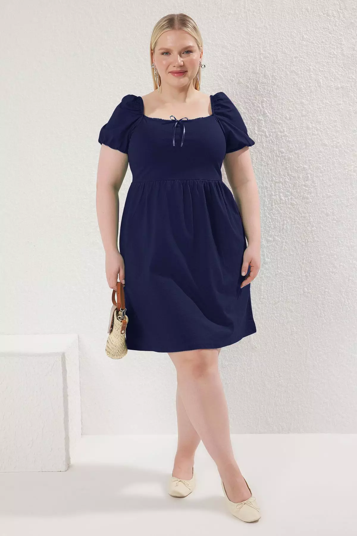 Navy Blue Balloon Sleeve Skater Collar Piping Mini Knitted Plus Size Dress Tbbss25Ah00194