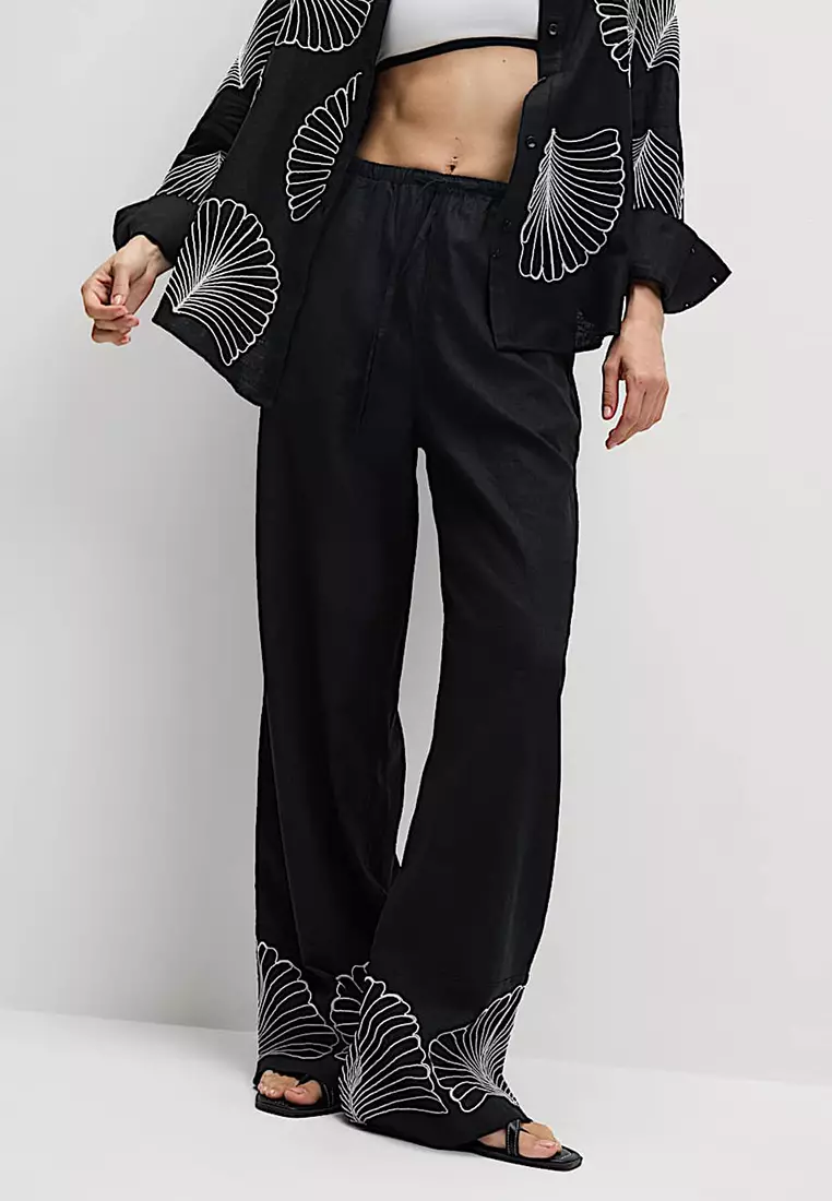 Linen Rich Drawstring Wide Leg Trousers