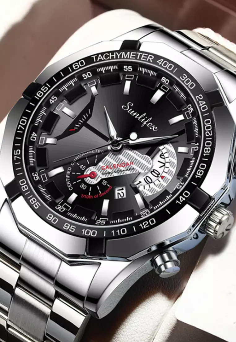 Jam Tangan Pria 9094 Original Kuarsa Kalender Tali Stainless Steel Jam Tangan Cowok(Kotak + Kartu Garansi) silver black