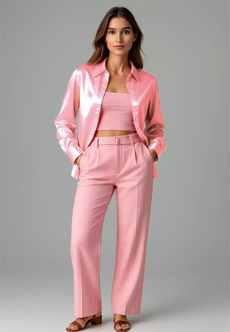 Blush Pink Long Sleeve Satin Shirt Blouse