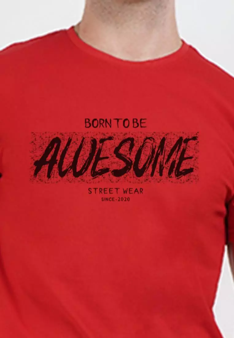 Born Awesome 红色棉质短袖圆领休闲 T 恤