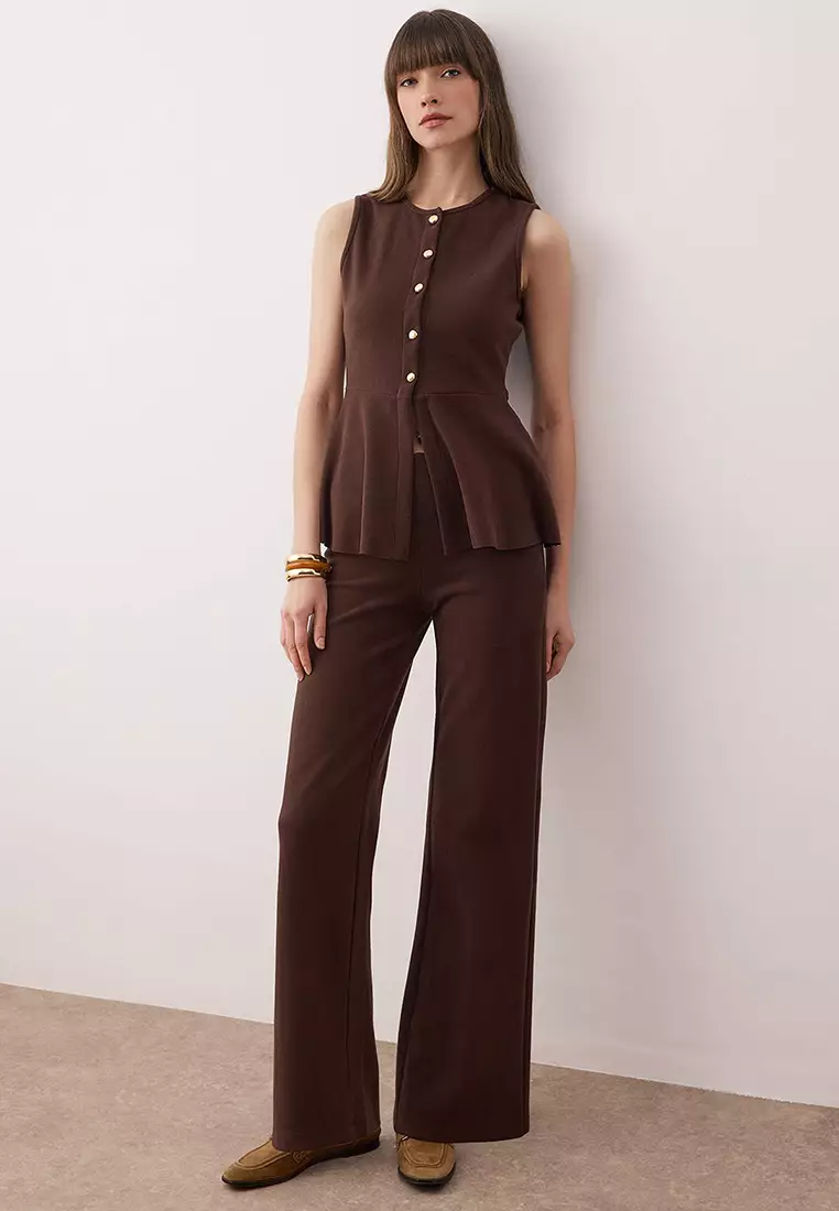 Brown Thessaloniki Buttoned Waist Open Wide Leg/Palazzo Bottom Knitted Bottom - Top Set Twoaw26Au92