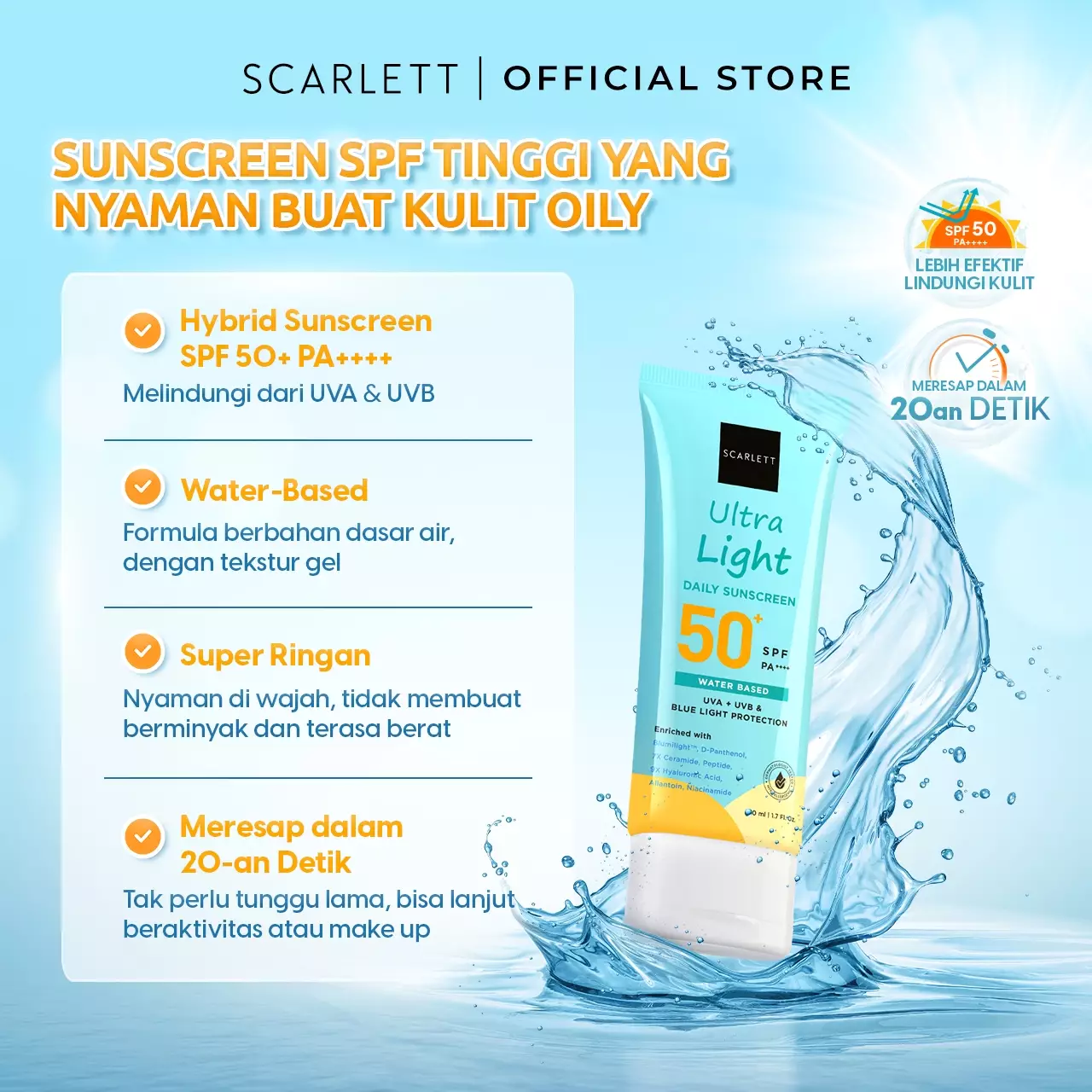 [Oily Skin Friendly] Scarlett Whitening Twin Pack Ultra Light Daily Sunscreen SPF 50+ PA++++ [Water Based] Meresap 20an Detik (Super Ringan) dengan 7X Ceramide 9X Hyaluronic Acid & No Whitecast