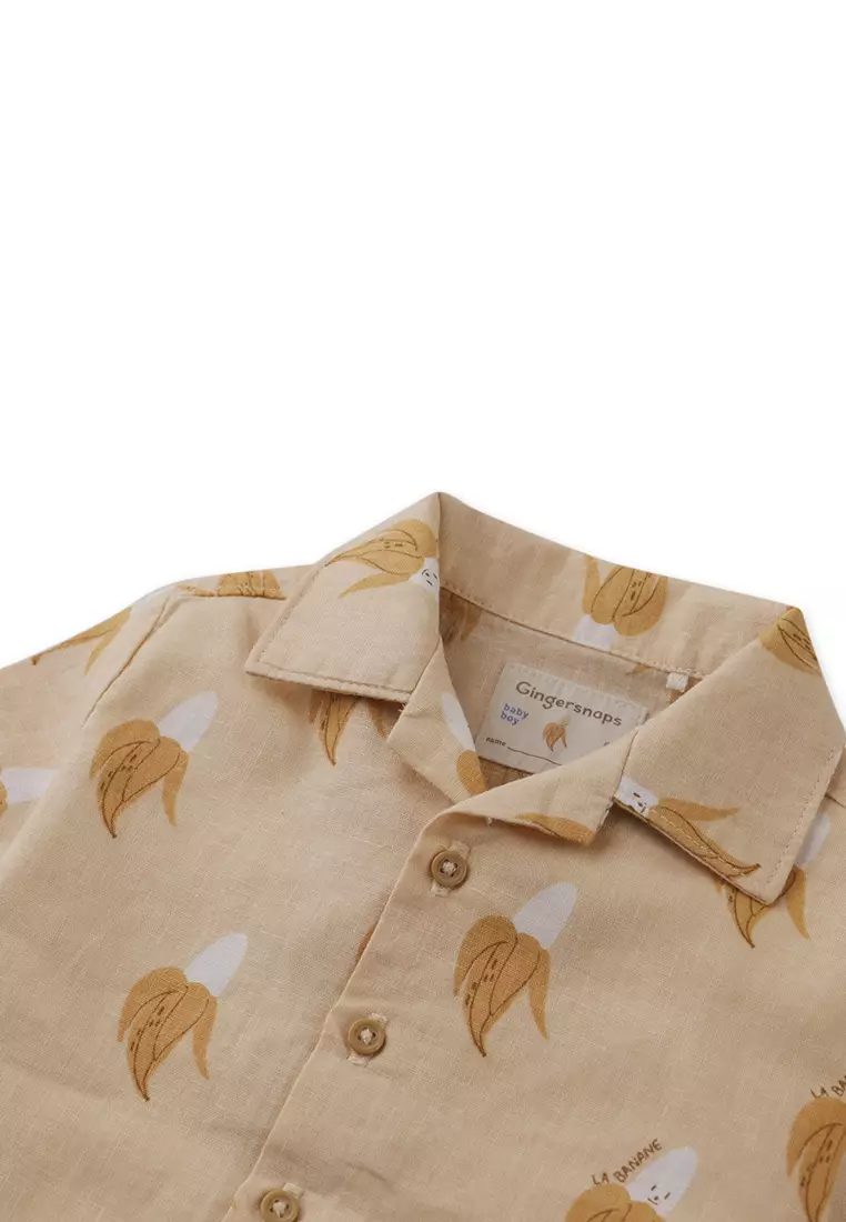 Baby Ekko Linen Blend Panama Shirt With All-Over Cartoon Banana Print