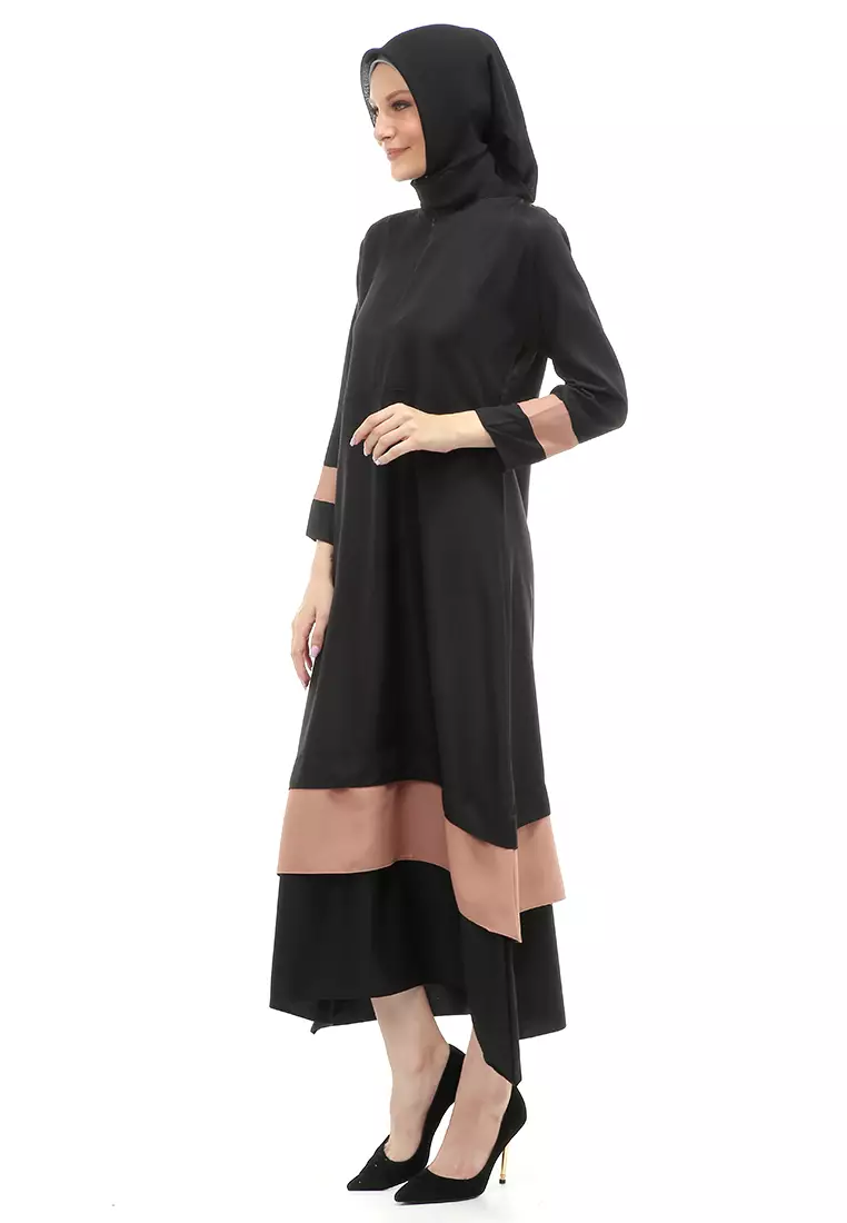 Aurel Dress Maxi Muslimah Wanita Polos Dual Tone Color Regular Fit - Black Mocca