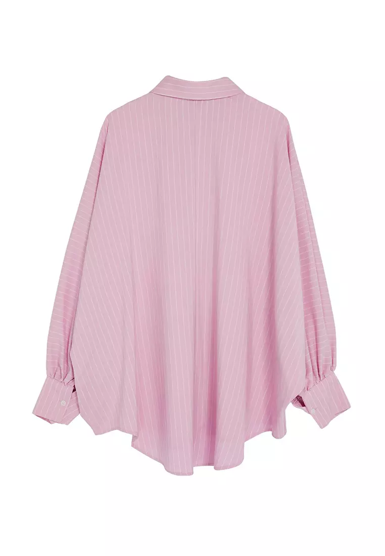 Pink Striped Balloon Sleeve Cotton Woven Shirt TCTSS24TG00072