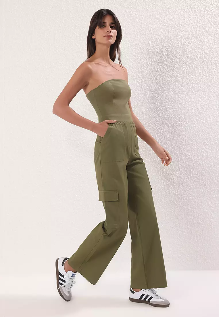Khaki Cargo Pocket Strapless Neck Maxi Woven Jumpsuit Twoss23Tu00192
