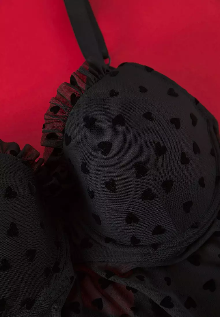 Black Fixed Cover Adjustable Strap Flock Heart Patterned Plus Size Babydoll TBBSS25DH00000