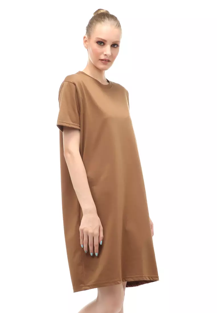 Finch Midi Dress Wanita Short Sleeves Motif Polos - Mocca