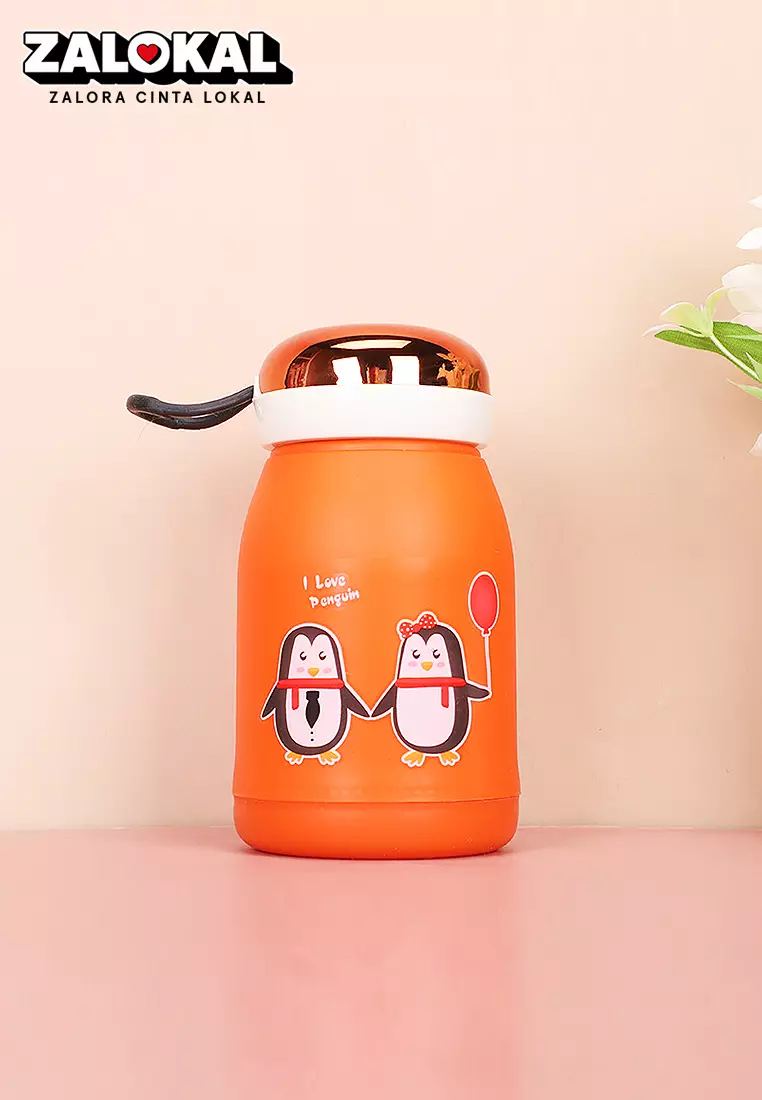 Wakakids Botol Minum Kaca Anak Food Grade Minimalis 380ml Motif Pinguin Venrz Orange