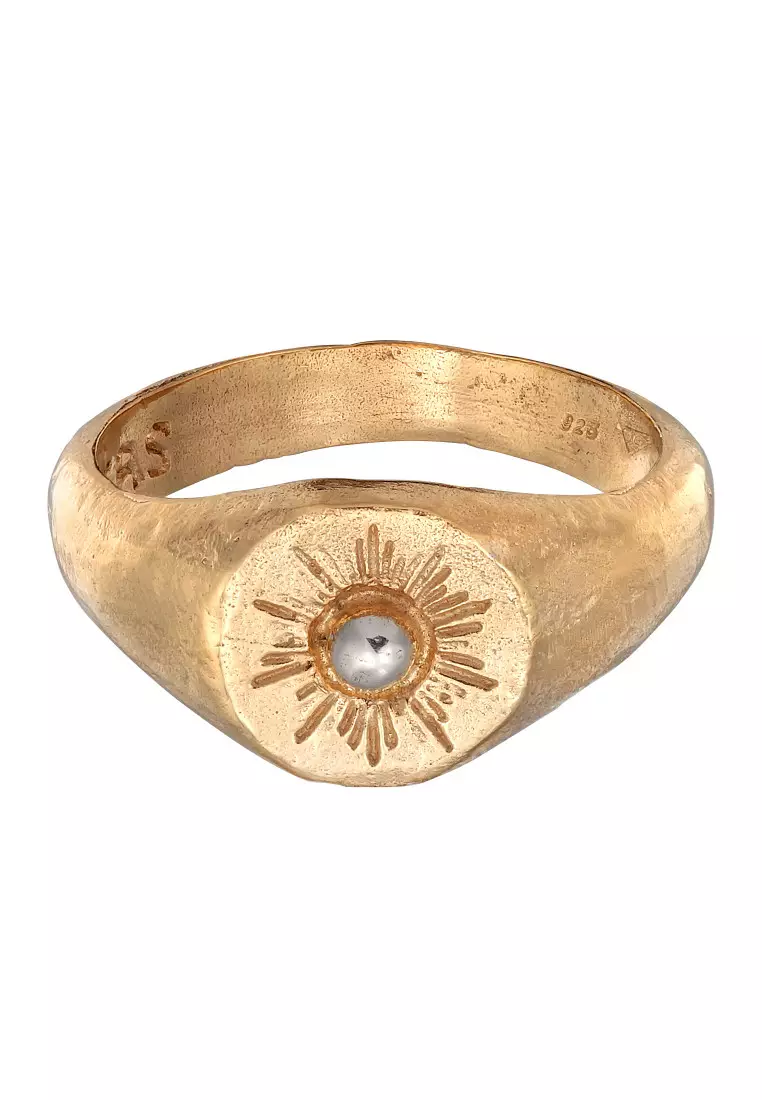 EXCLUSIVE Cincin Perhiasan Perak 925 Unisex Signet Ring Sun Lover Hammered Gold Plated