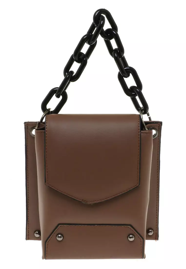 Xena Slingbag Wanita Tali Rantai Motif Polos High Quality Premium - Brown