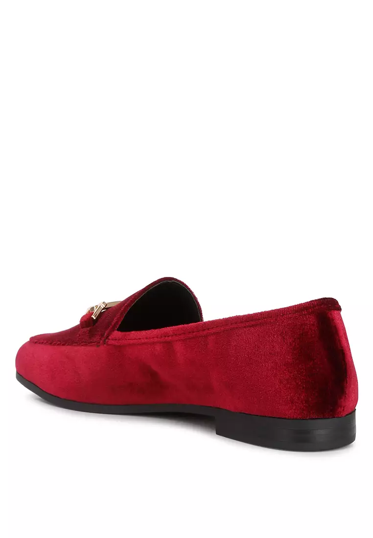 Burgundy Horsebit Embellished Velvet Loafers
