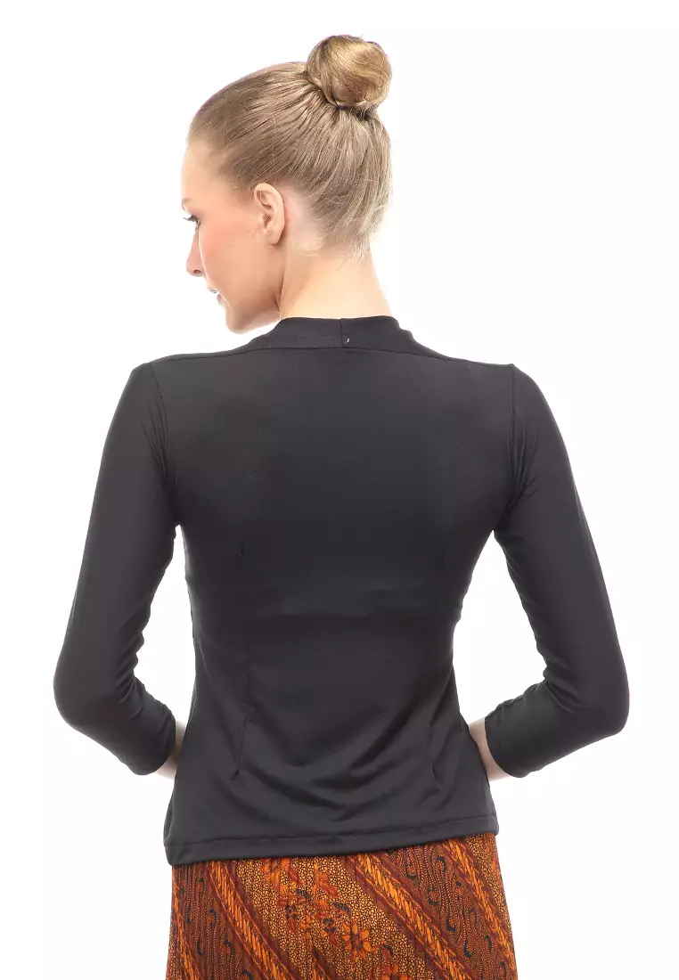 Kebaya Atasan Wanita Motif Solid Long Sleeves Slip On Style Design Casual Relaxed Fit - Hitam