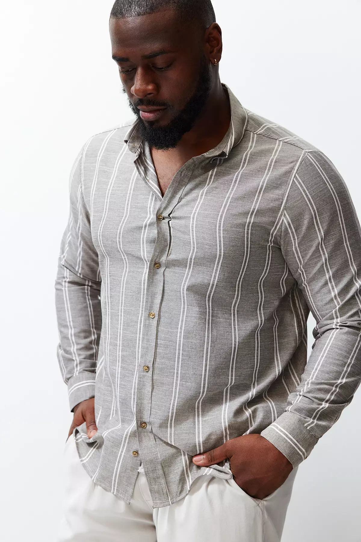 Plus Size Striped Collared Shirt