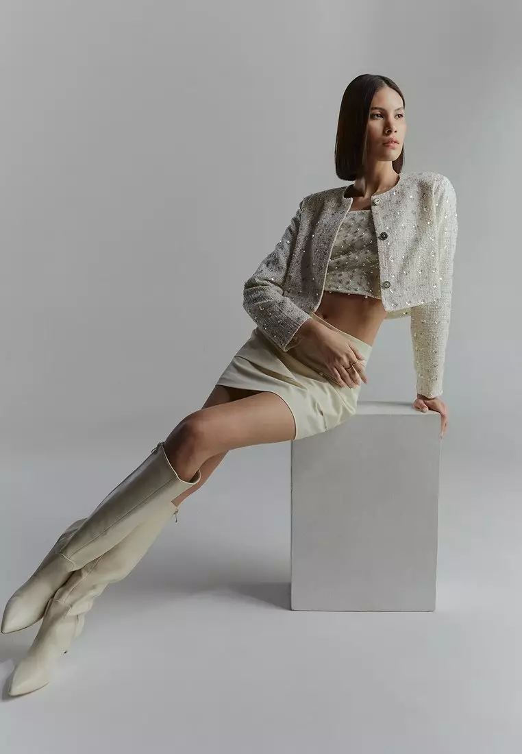 herlipto Silky White Tweed Jacket