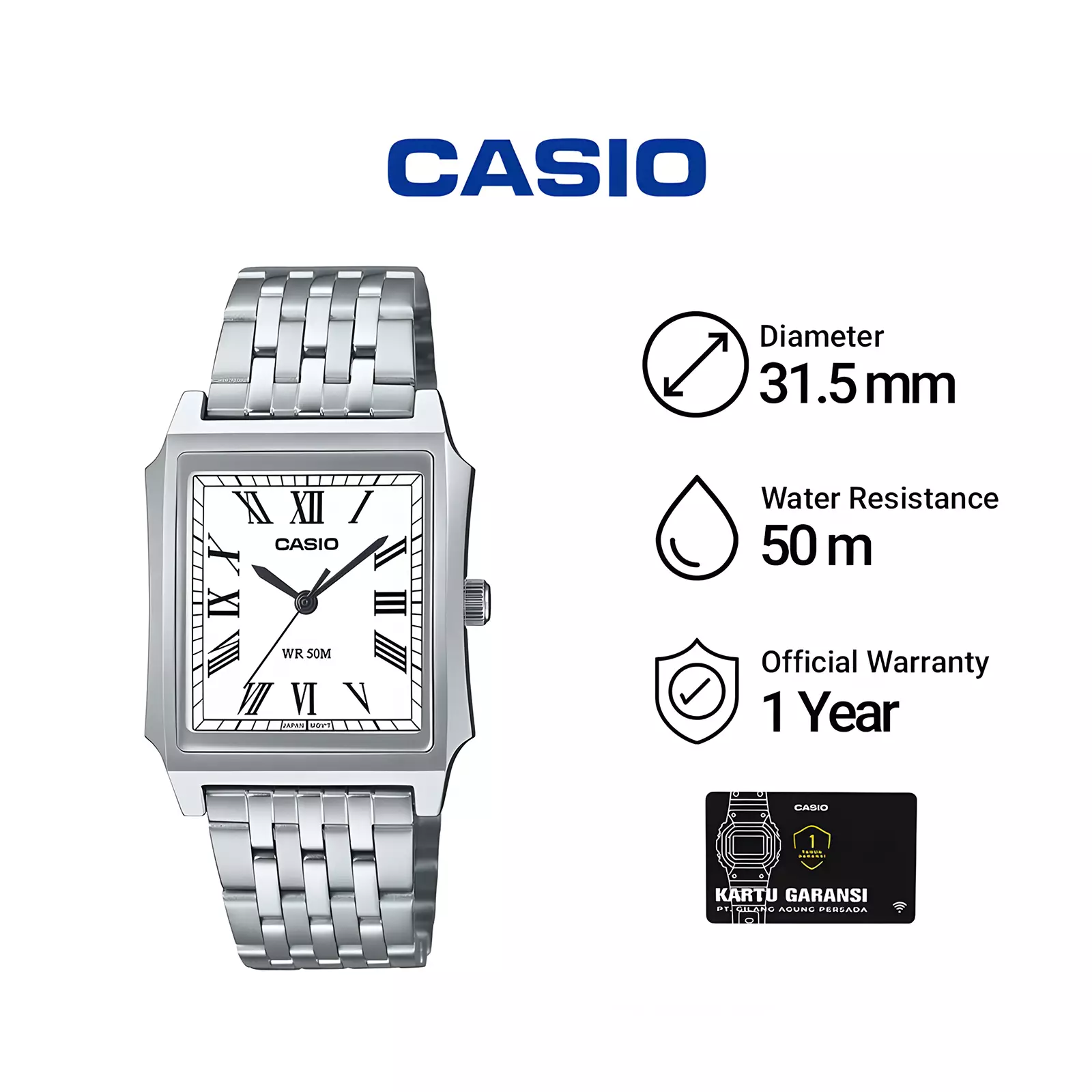 Casio - Jam Tangan Analog Pria - White Dial - Silver Stainless Steel - MTP-B190D-7BV