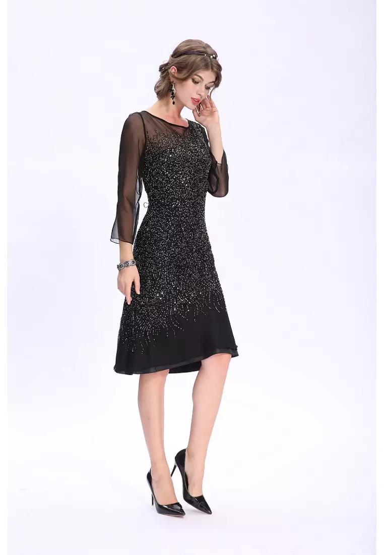 時尚釘珠短袖領修身晚裝短裙