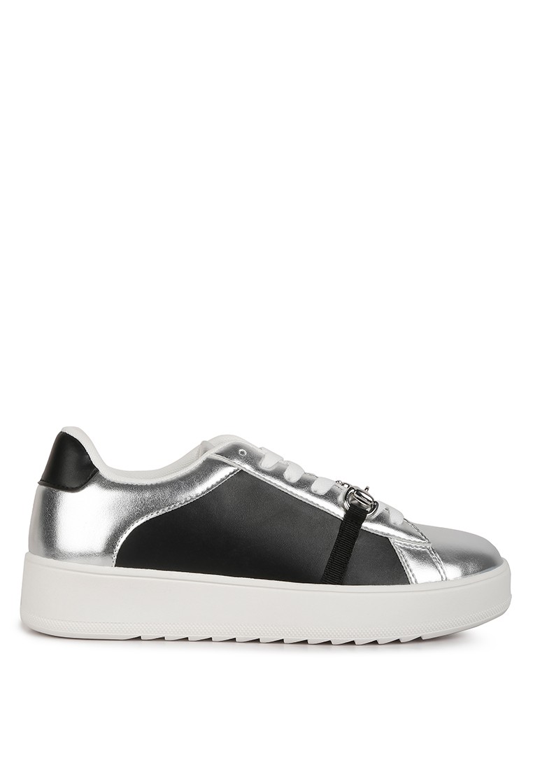Metallic Faux Leather Sneakers in Black Silver