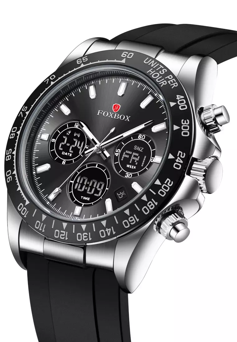 FOXBOX Chronograph Unisex Stainless Steel Quartz Watch, Black Dial, Rubber Strap