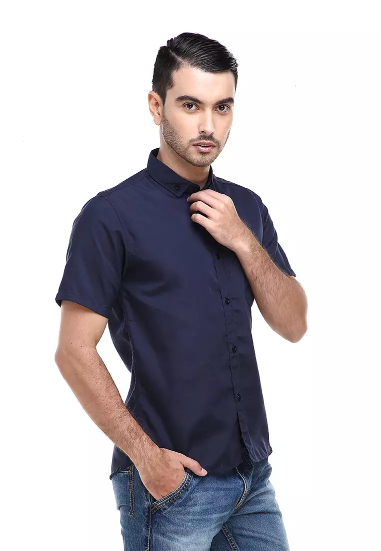 Dwan Casual Shirt Kemeja Polos Pria Lengan Pendek Kasual Formal Material Cotton ORIGINAL - Navy