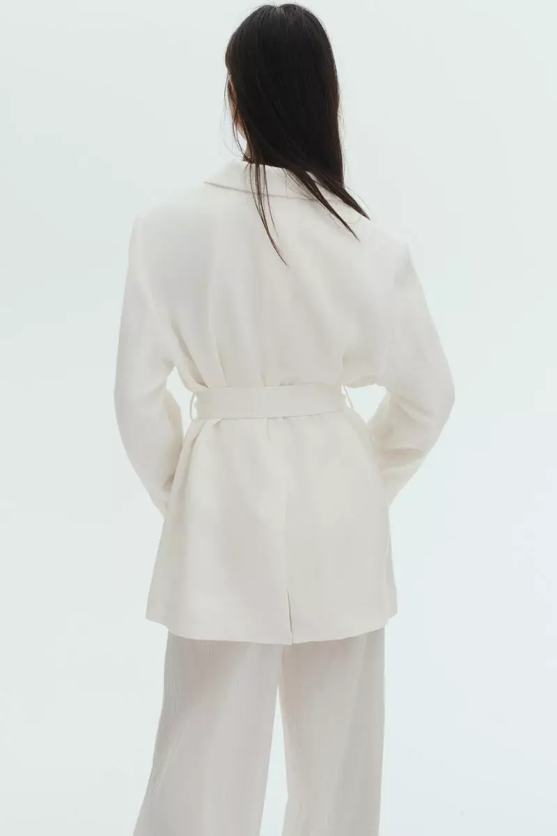 Textured-weave tie-belt blazer