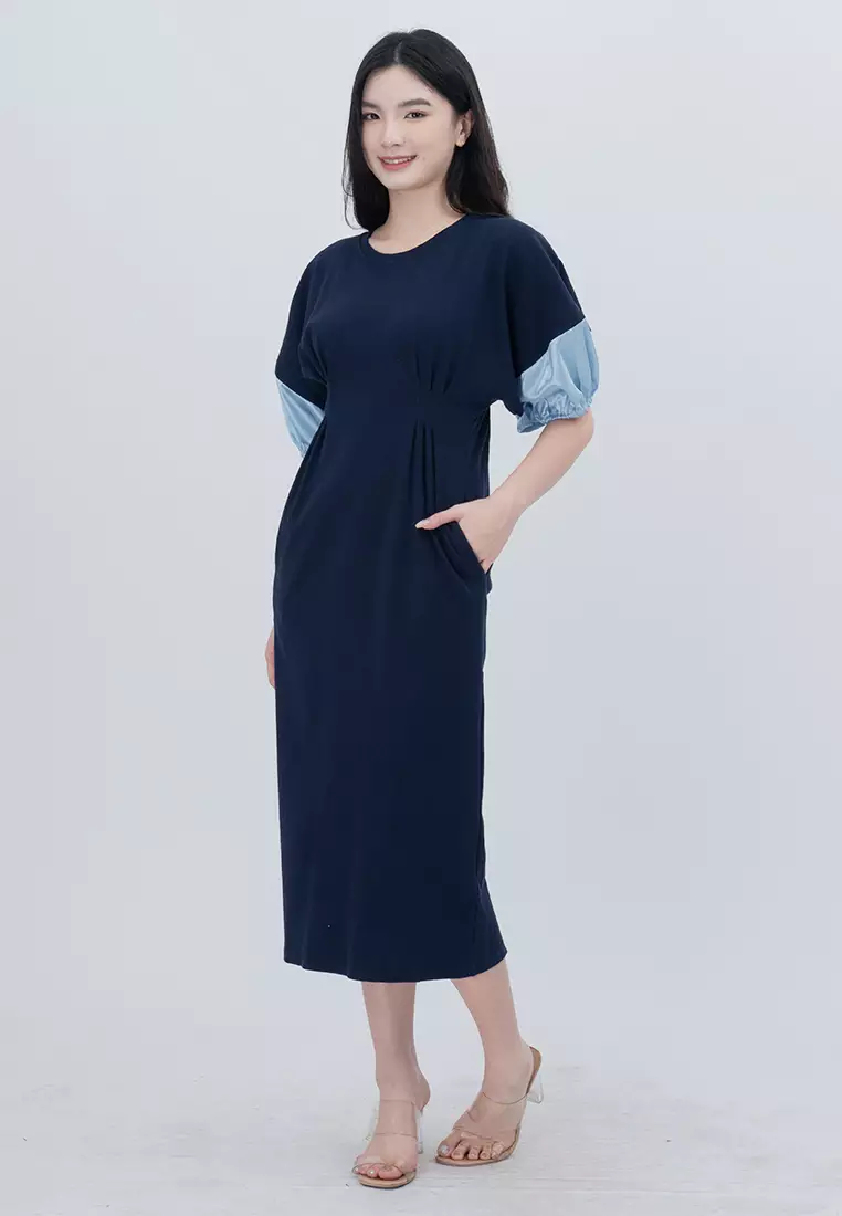 针织泡泡袖可伸缩中长款连衣裙