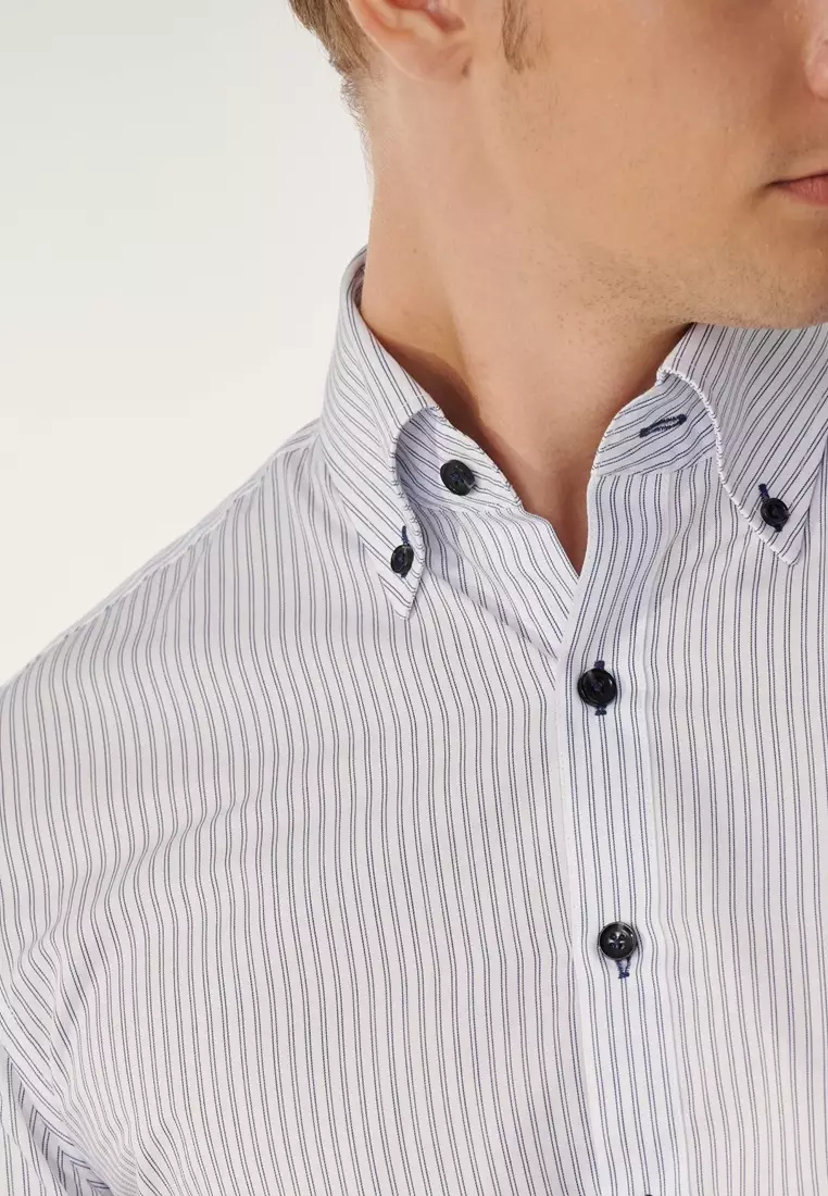 Navy Blue Striped Classic Fit Shirt