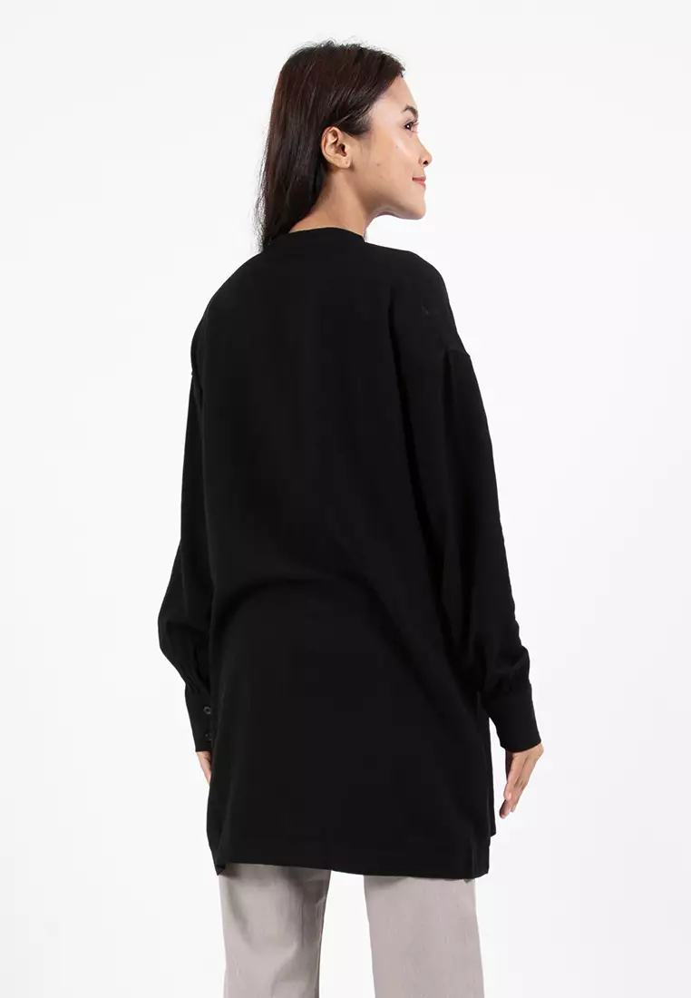 Forest Ladies Linen Oversized Band Collar Plain Blouse Women Long Sleeve Tunic | Baju Perempuan - 822391-01Black