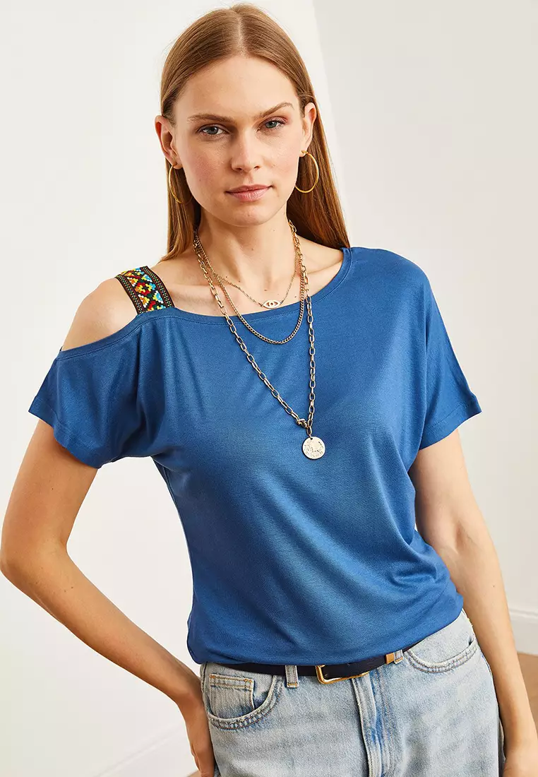 Women's One Shoulder Ethnic Garnished Blouse BLZ-19000194