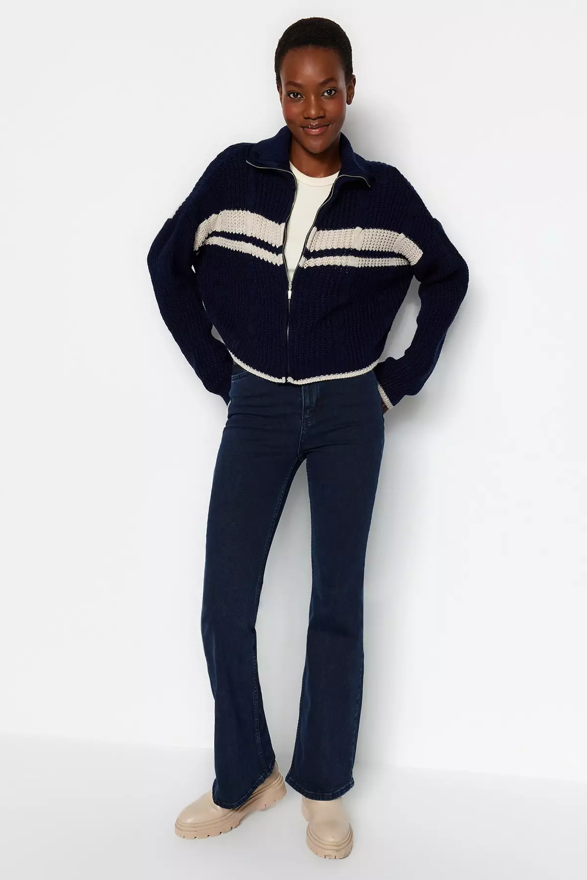 Color Block Stand Up Collar Knit Cardigan