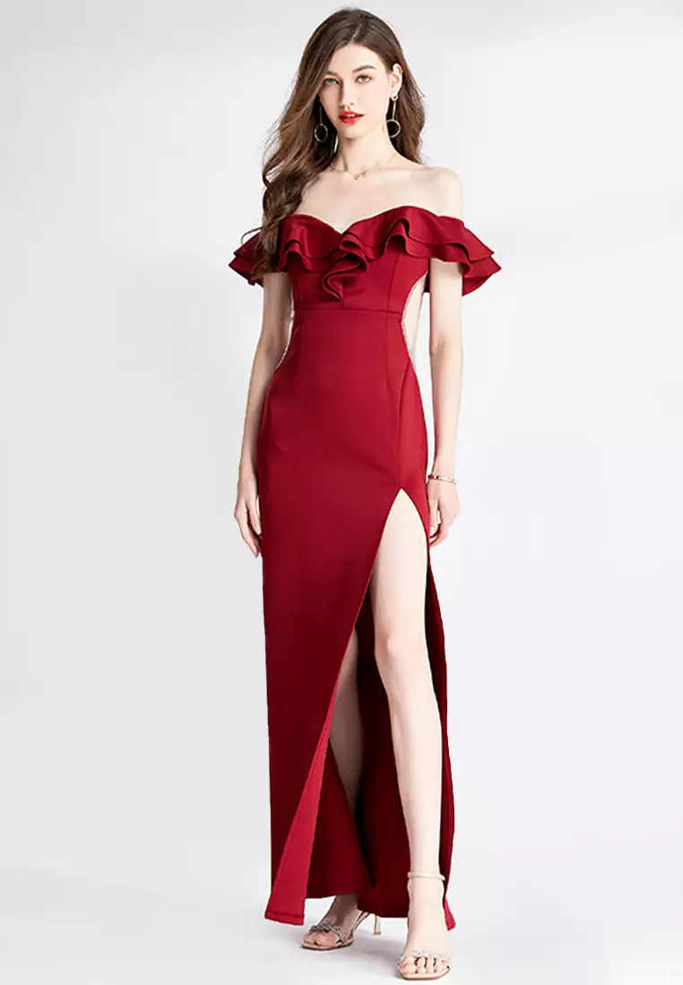 Red one shoulder hot sale evening dress