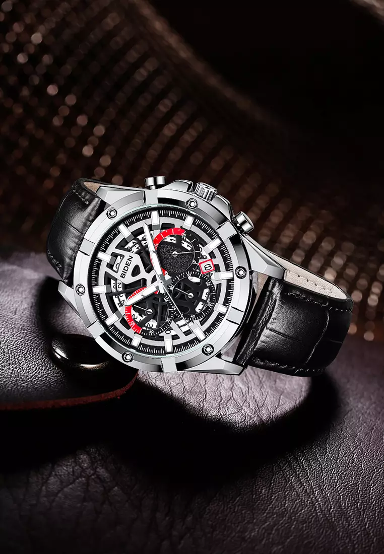 Jam Tangan Pria Original Kalender Sports Anti Air Tali Kulit Jam Tangan Cowok black silver