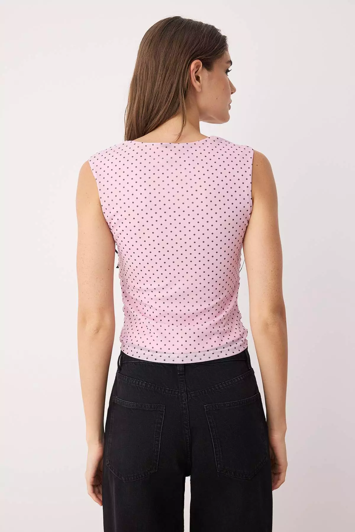 Pink Polka Dot Lined Printed Tulle Bodycon Crop Bow Detail Knitted Blouse