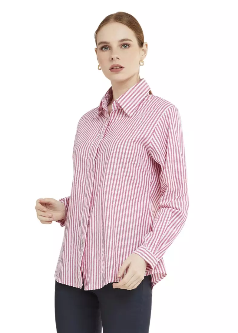 Kemeja Salur Basic Lengan Panjang Garis Shirt Wanita - Pink