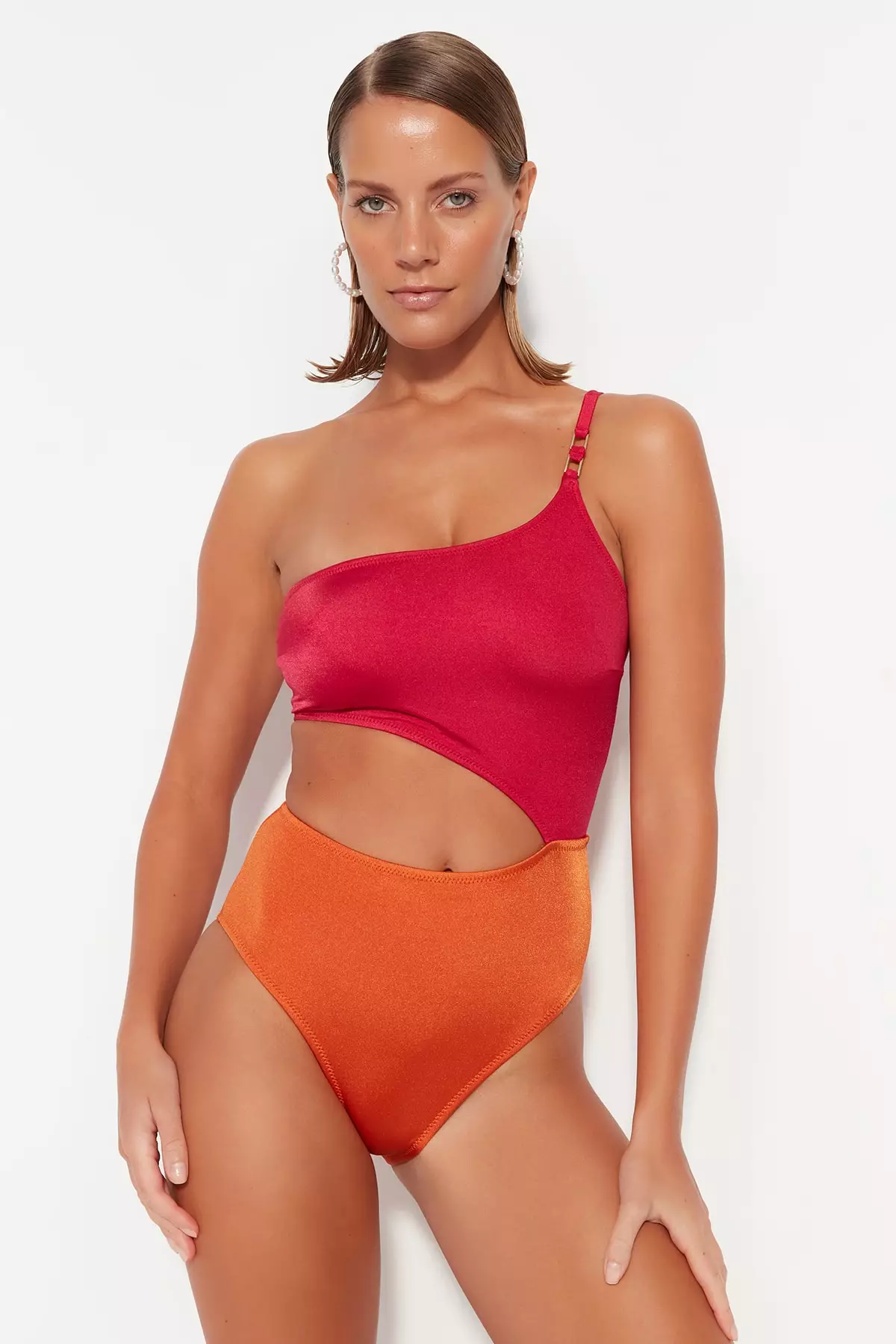 Red one shoulder one piece swimsuit hot sale