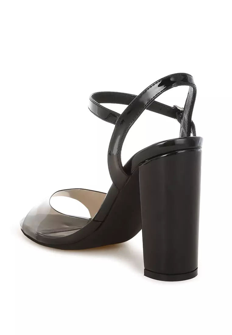 Tinted Clear Strap Block Heel Sandals in Black