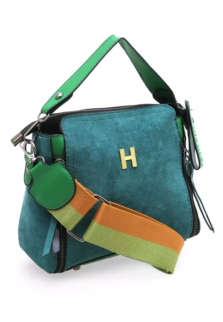 Eilaria Tas Selempang Wanita Zipper Design Sling Bag Mini Material Beludru ORIGINAL - Green