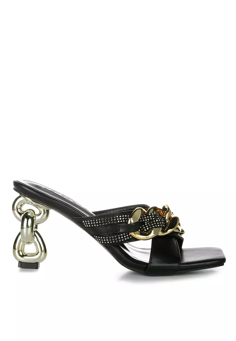 Discount on London Rag  shoes - SKU: Black Metallic Chain Heeled Diamante Sandals