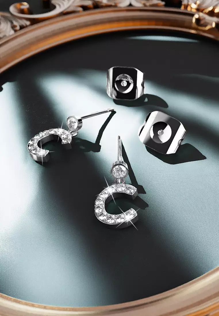 Solid 925 Sterling Silver Initial Crystal Personalised Alphabet Letter Earrings - C - Default