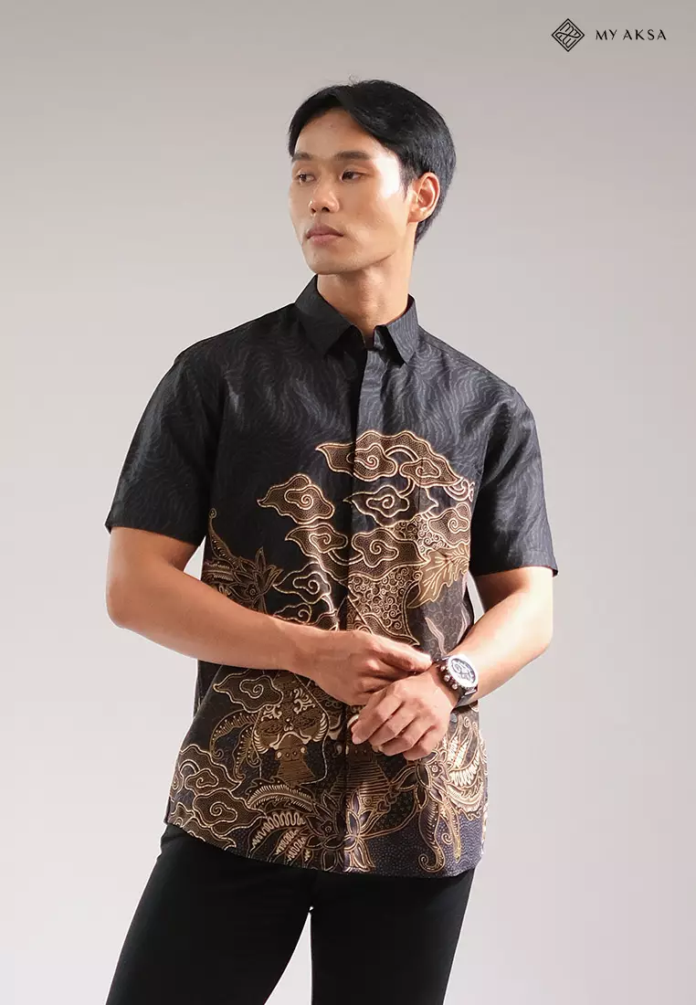 My Aksa Kemeja Batik Pria Lengan Pendek Mahaveer Black